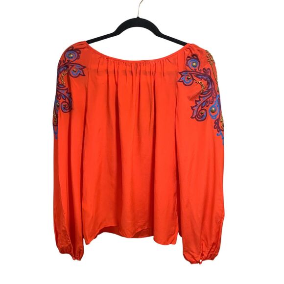 Nanette Lepore Womens Beaded Embroidered Paisley Detail Red Silk Blouse 6 Boho - Picture 9 of 11